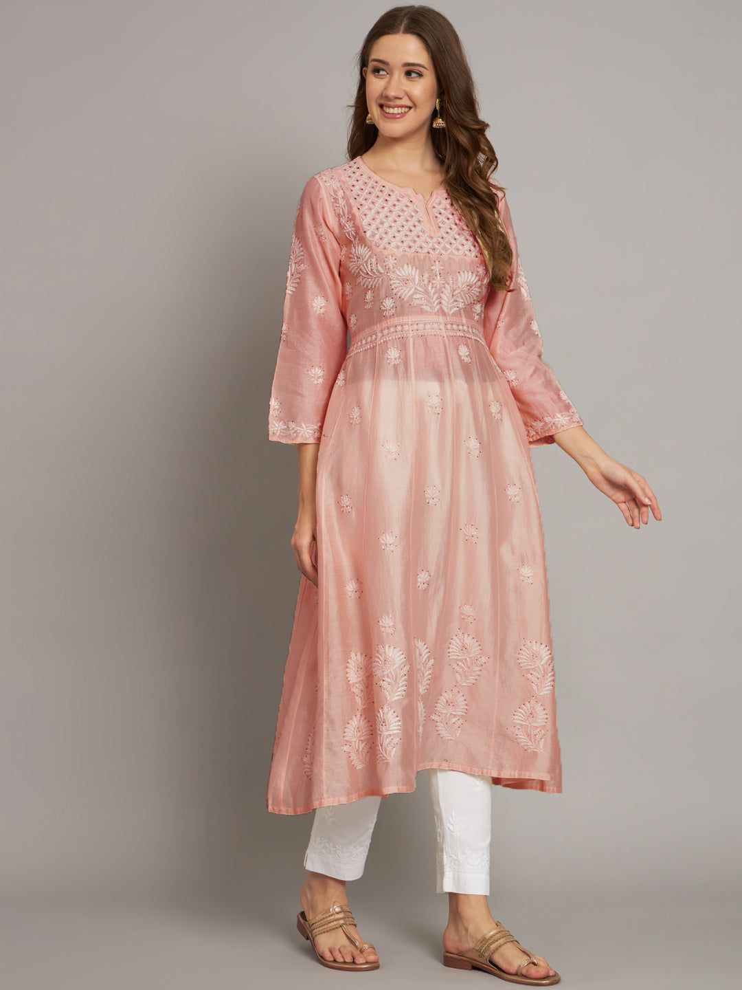 Hand embroidered Chikankari Chanderi Cotton Kurta Set and Dupatta with Mukaish AL3665KS