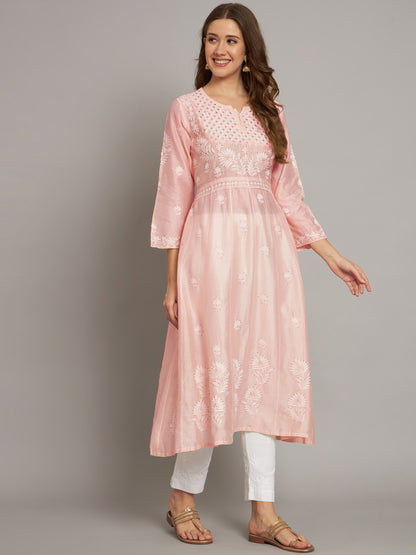 Hand embroidered Chikankari Chanderi Cotton Kurta Set and Dupatta with Mukaish AL3665KS