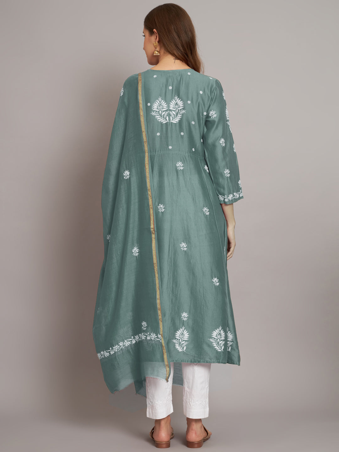 Hand embroidered Chikankari Chanderi Cotton Kurta Set and Dupatta with Mukaish AL3665KS