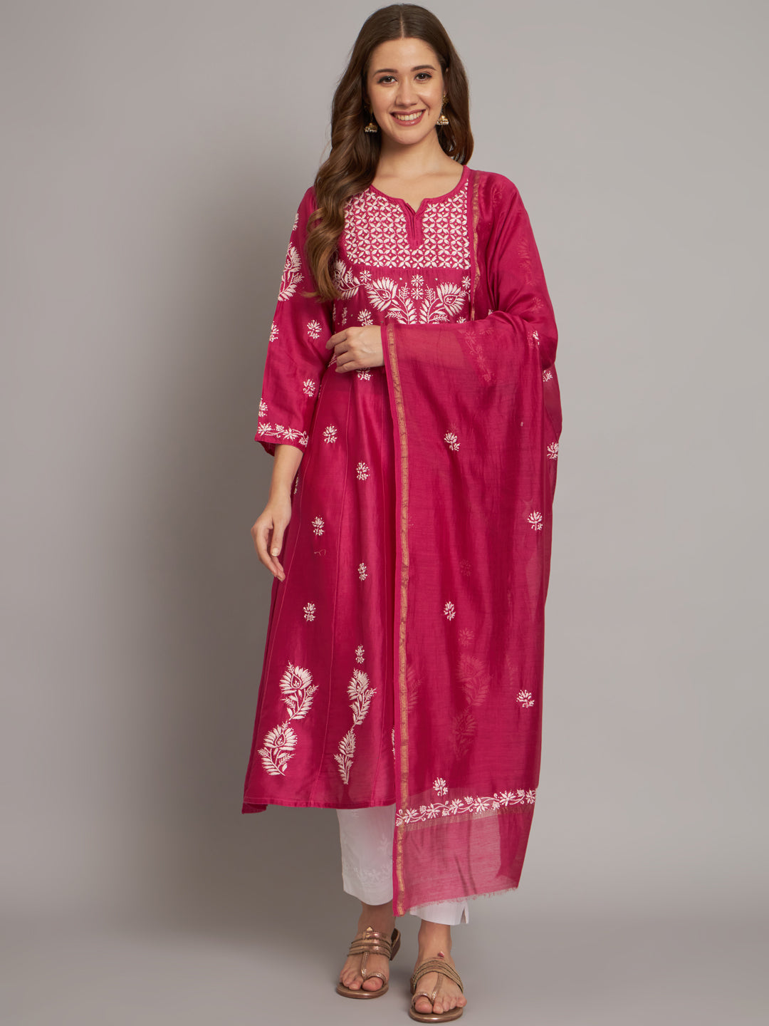 Hand embroidered Chikankari Chanderi Cotton Kurta Set and Dupatta with Mukaish AL3665KS