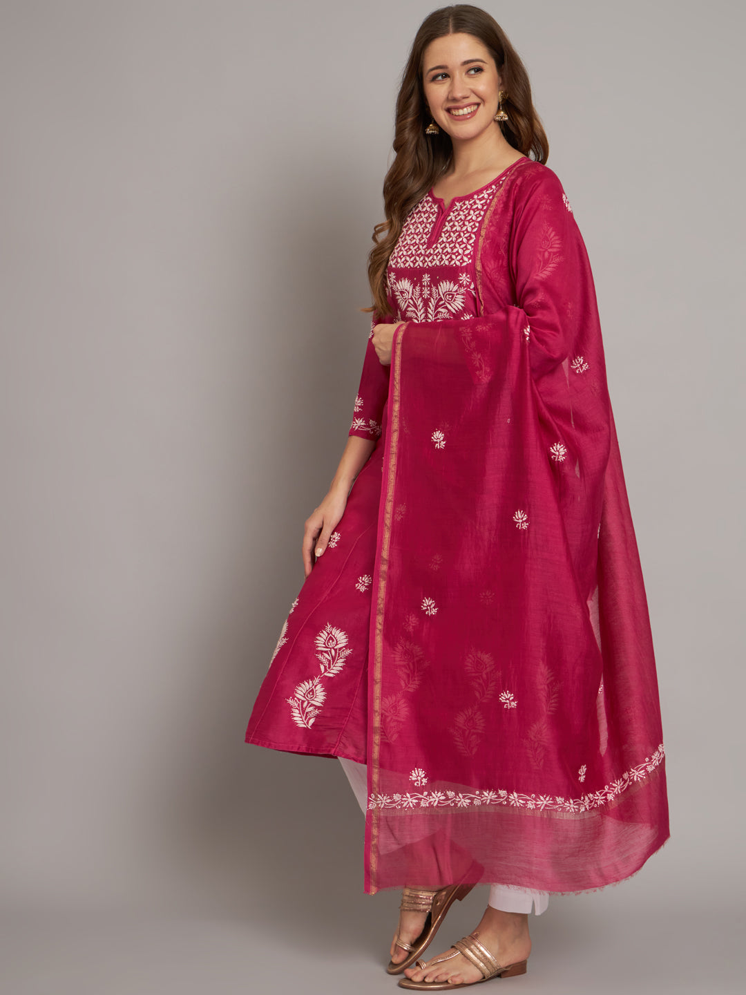 Hand embroidered Chikankari Chanderi Cotton Kurta Set and Dupatta with Mukaish AL3665KS