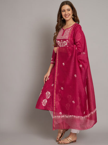 Hand embroidered Chikankari Chanderi Cotton Kurta Set and Dupatta with Mukaish AL3665KS