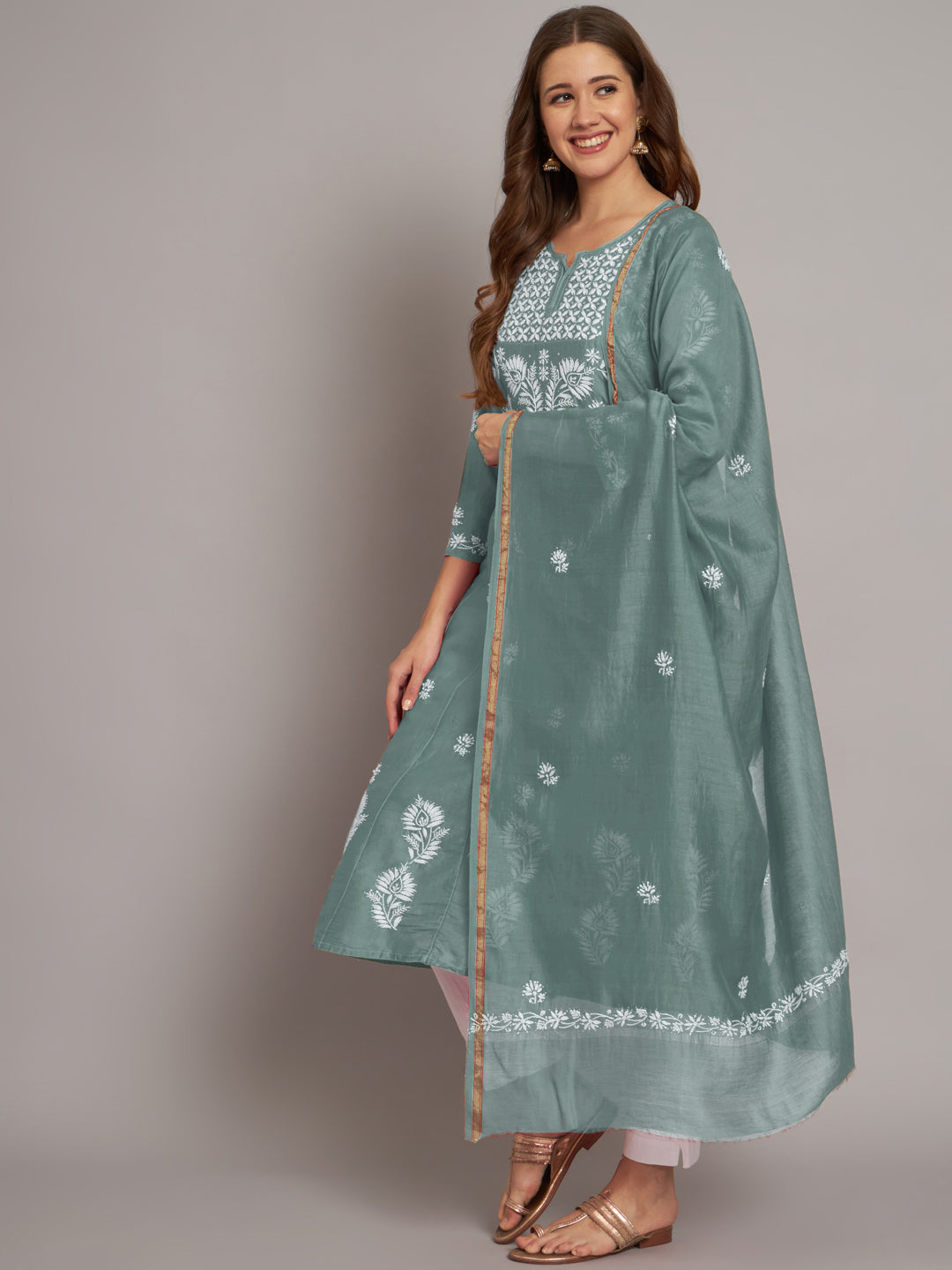 Hand embroidered Chikankari Chanderi Cotton Kurta Set and Dupatta with Mukaish AL3665KS