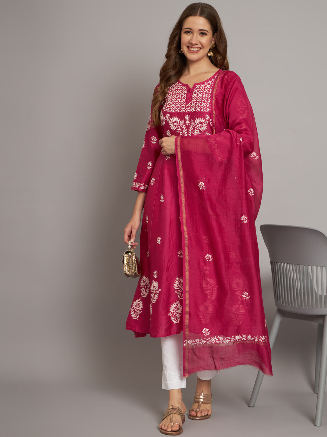 Hand embroidered Chikankari Chanderi Cotton Kurta Set and Dupatta with Mukaish AL3665KS