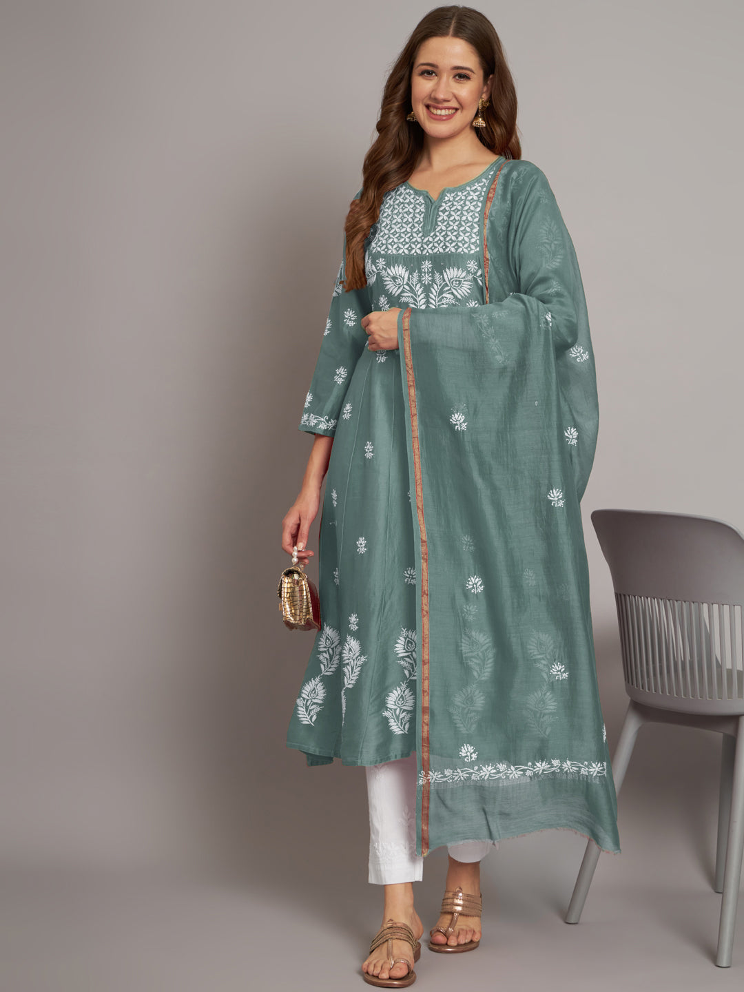 Hand embroidered Chikankari Chanderi Cotton Kurta Set and Dupatta with Mukaish AL3665KS