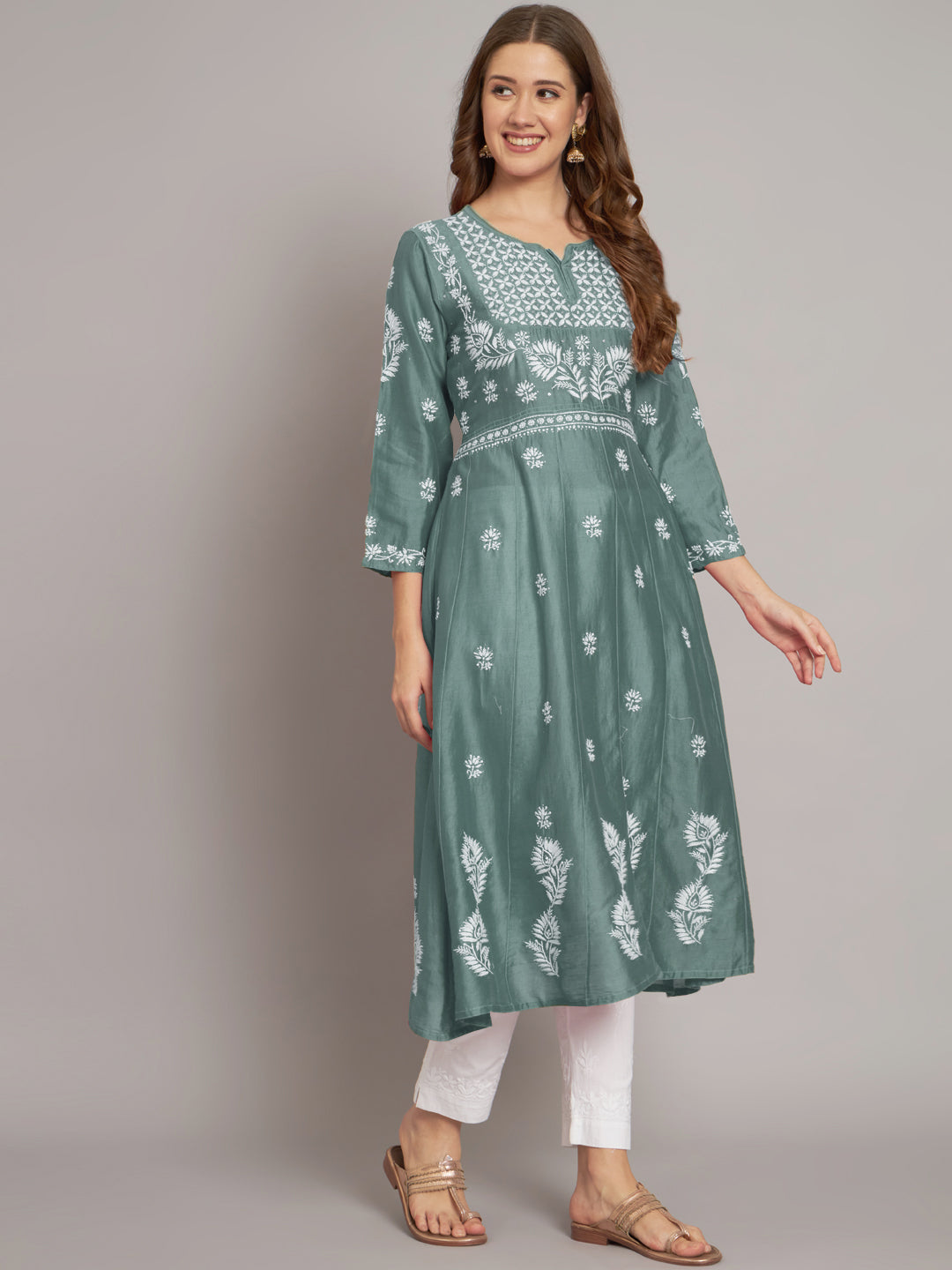 Hand embroidered Chikankari Chanderi Cotton Kurta Set and Dupatta with Mukaish AL3665KS
