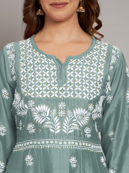 Hand embroidered Chikankari Chanderi Cotton Kurta Set and Dupatta with Mukaish AL3665KS