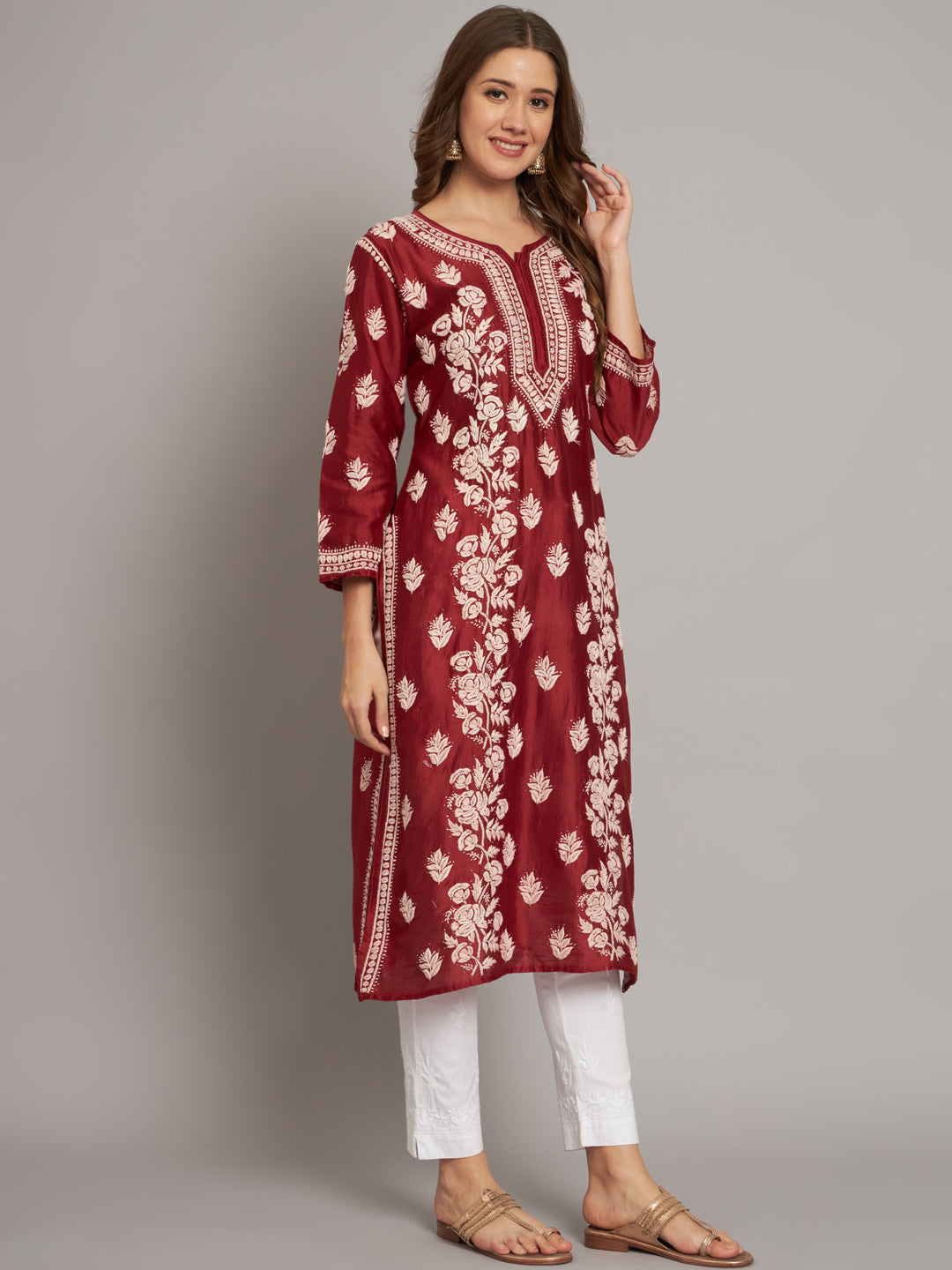 Women Floral Embroidered Chikankari Cotton kurta-AL3670 Rust