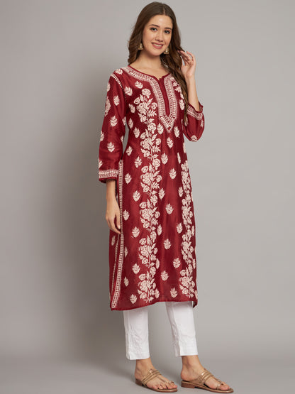 Women Floral Embroidered Chikankari Cotton kurta-AL3670 Rust