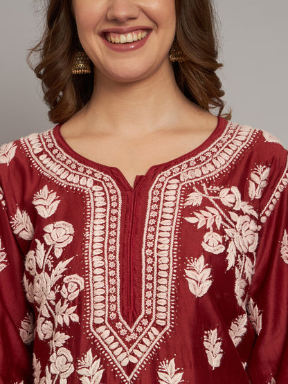 Women Floral Embroidered Chikankari Cotton kurta-AL3670 Rust