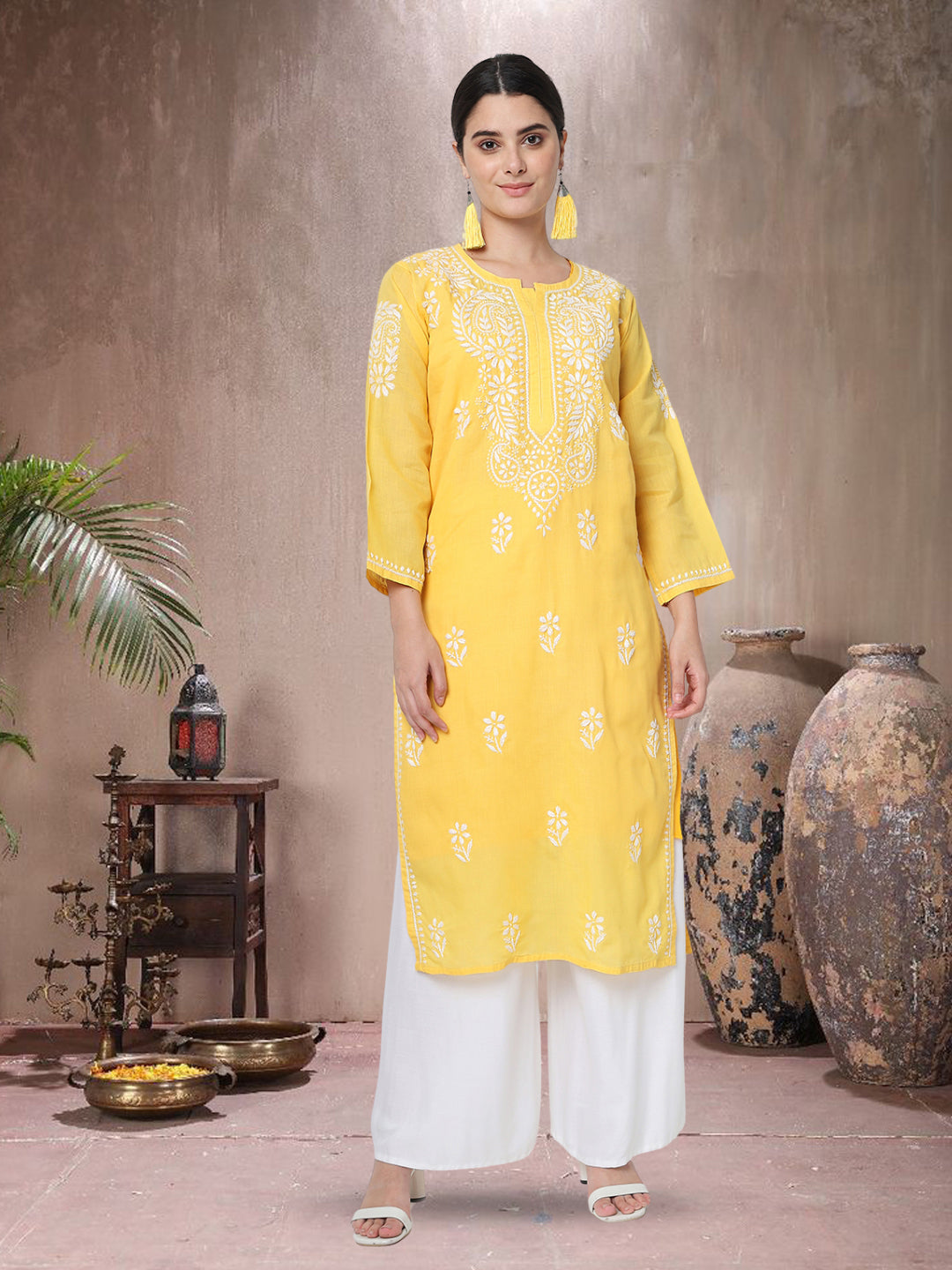 Hand Embroidered  Chikankari Cotton Straight Kurta- AL3561 Yellow