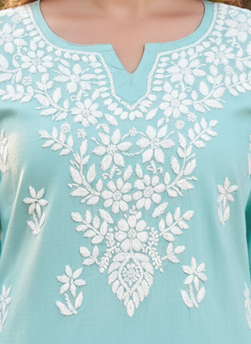 Women Hand Embroidered Chikankari Cotton Kurti -AL3685 Seagreen