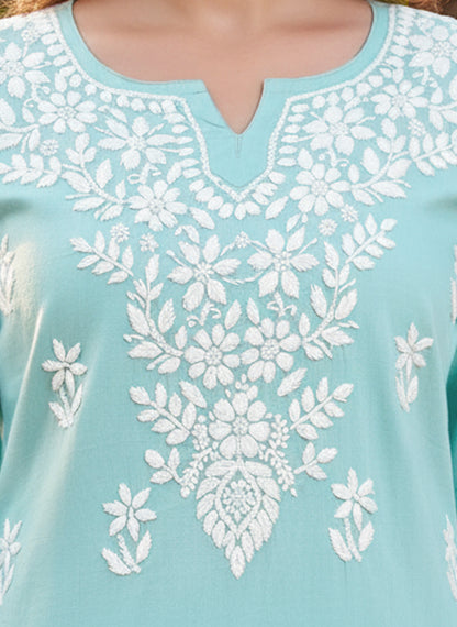 Women Hand Embroidered Chikankari Cotton Kurti -AL3685 Seagreen