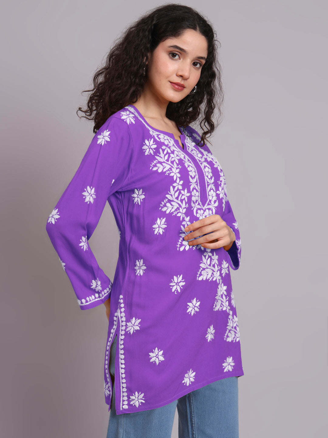 Women Hand Embroidered Chikankari Rayon Short Kurti-AL4071 Mauve
