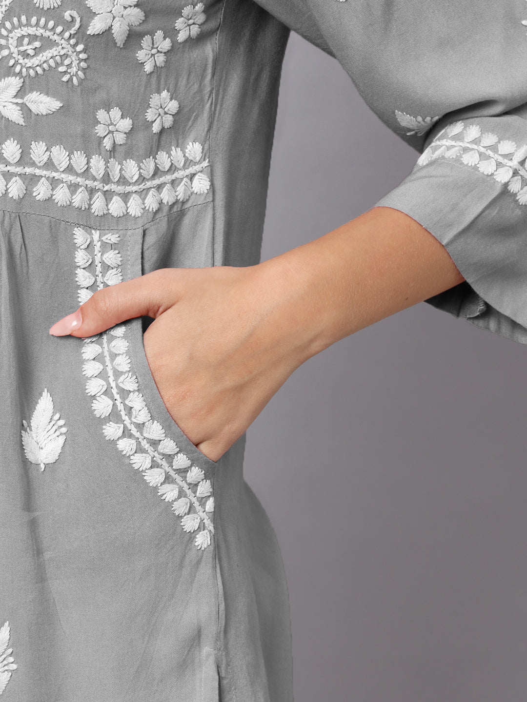 Women Hand Embroidered Chikankari Rayon Kurti with Pockets-AL3696 Grey