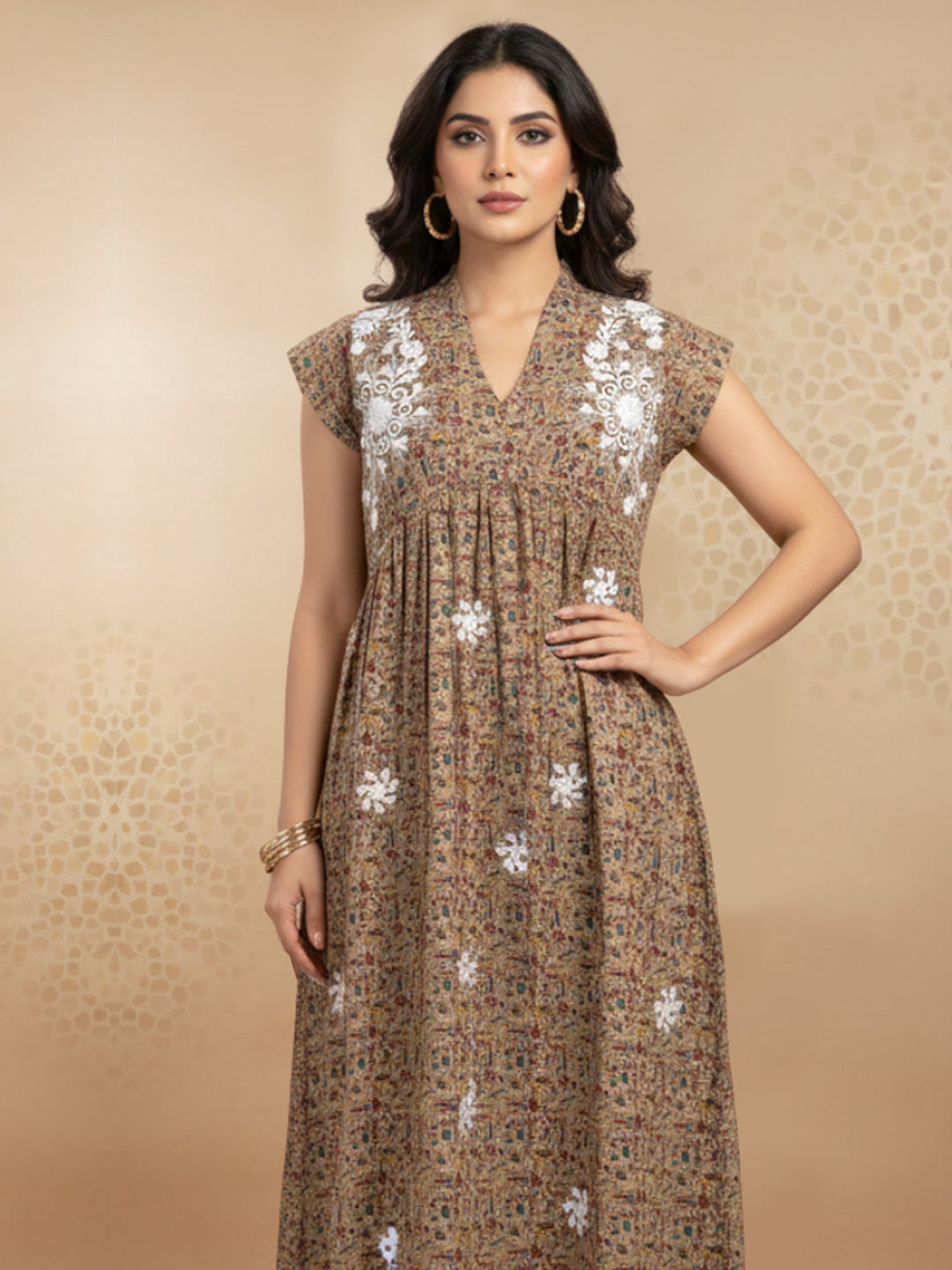 Women Printed Embroidered Cotton Jalabiya with Cap Sleeves-AL3697C Tan