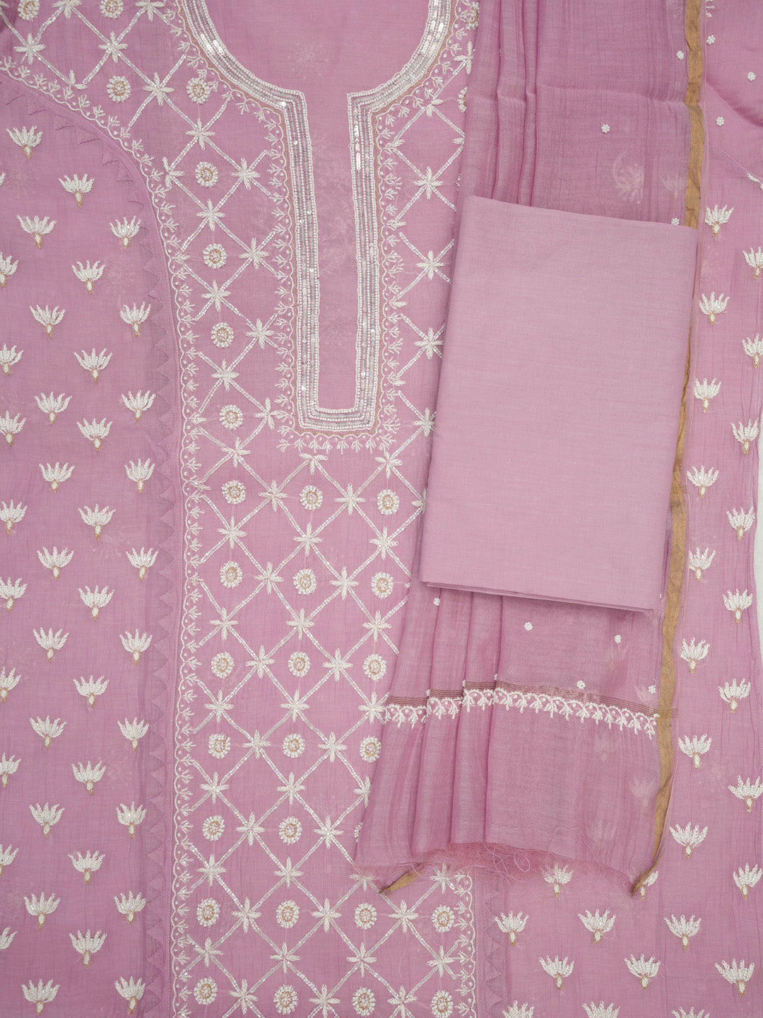 Women Hand Embroidered Premium Chikankari Mul Chanderi Unstitched Kurta Dupatta Bottom Set-ALSCA85201FS Lavender