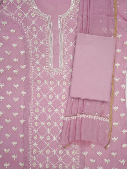 Women Hand Embroidered Premium Chikankari Mul Chanderi Unstitched Kurta Dupatta Bottom Set-ALSCA85201FS Lavender