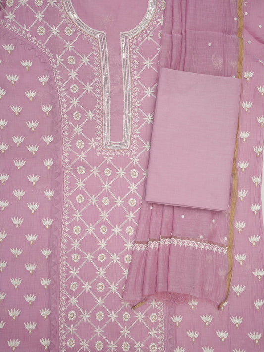 Women Hand Embroidered Premium Chikankari Mul Chanderi Unstitched Kurta Dupatta Bottom Set-ALSCA85201FS Lavender