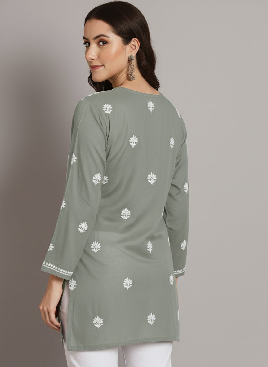 Women Hand Embroidered Modal Chikankari Kurti-AL3611 Smoke Grey
