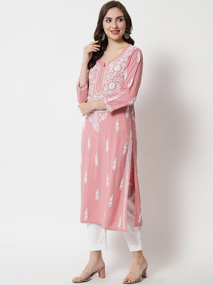 Hand Embroidered Chikankari Rayon Straight Kurta-AL3451 Rust