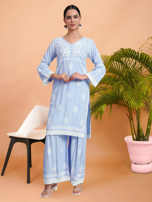 Women Hand Embroidered Lucknowi Chikankari Rayon Kurta Set-AL4077KS Denim