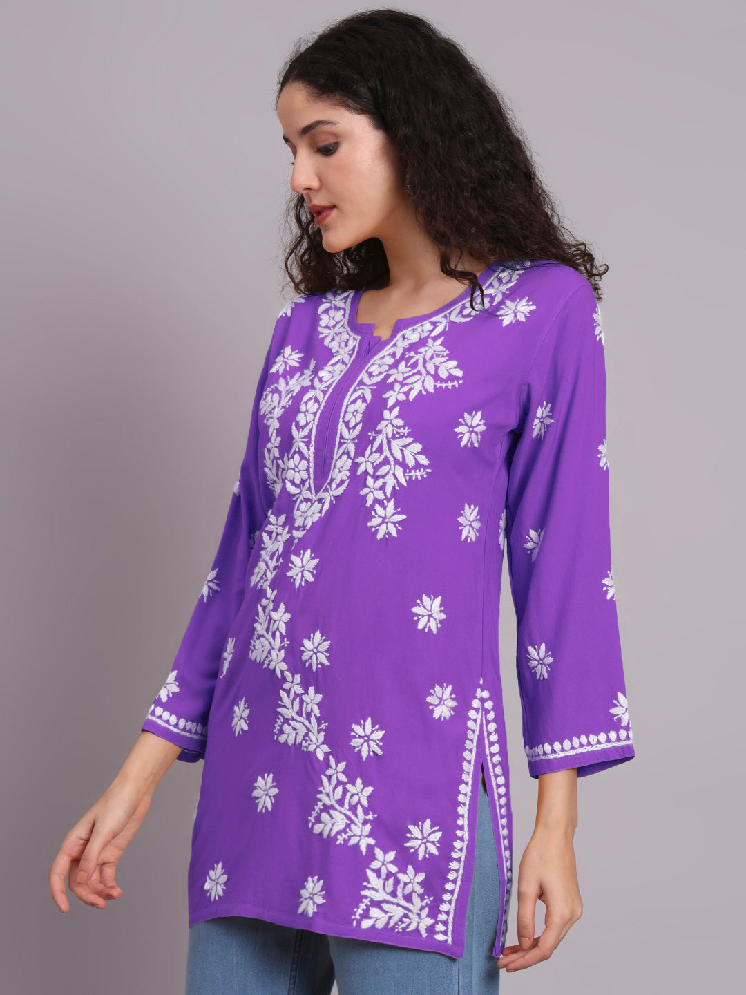 Women Hand Embroidered Chikankari Rayon Short Kurti-AL4071 Mauve