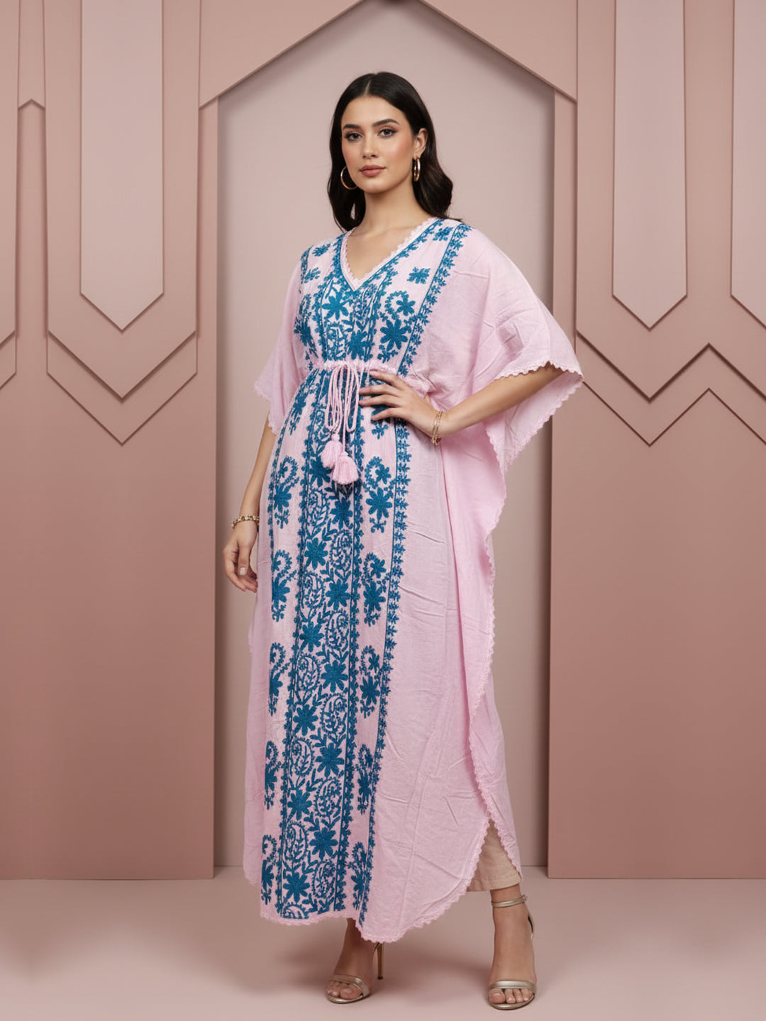 Hand Embroidered Chikankari Rayon Kaftan-AL3475 Turquoise