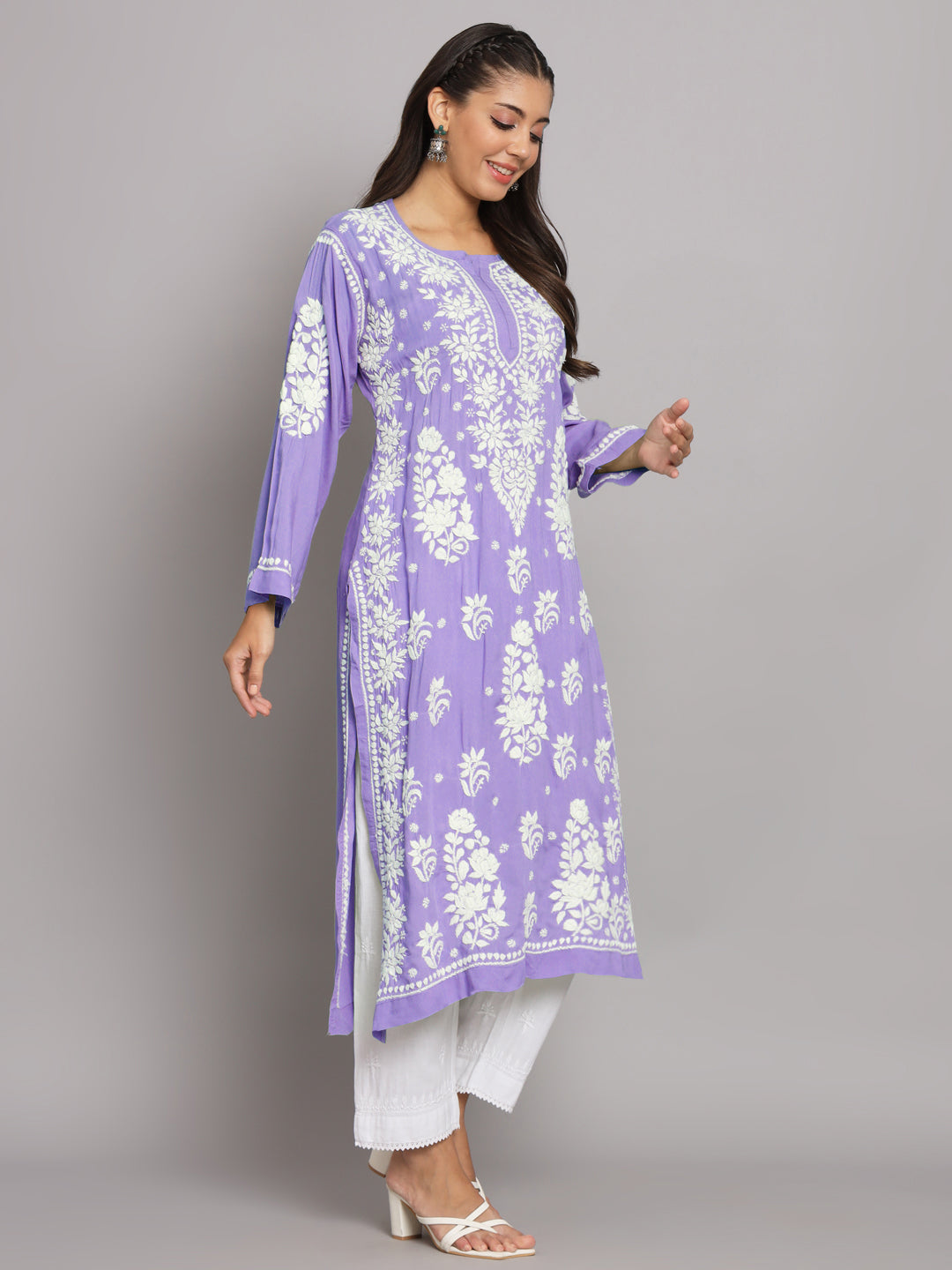 Hand Embroidered Chikankari Modal Straight Kurta-AL3682 Mauve