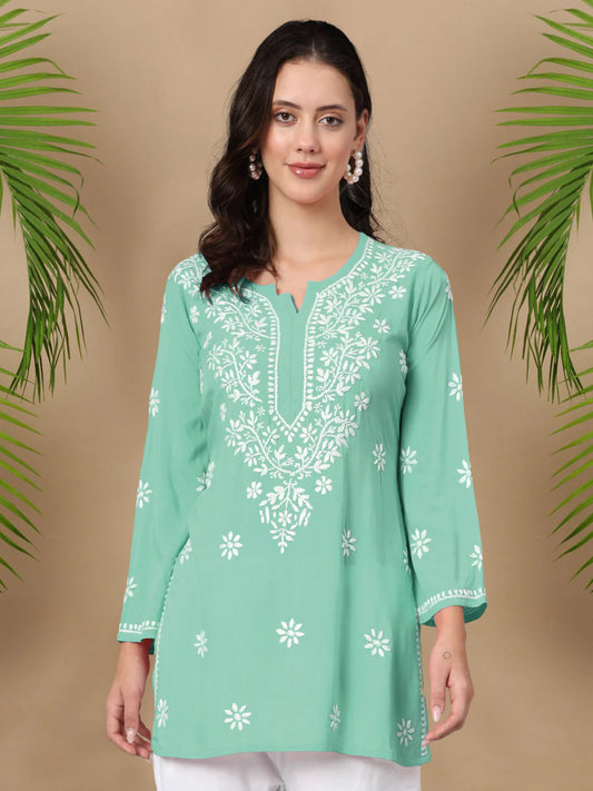 Women Hand Embroidered Chikankari Modal Kurti-AL3611 Dark SeaGreen