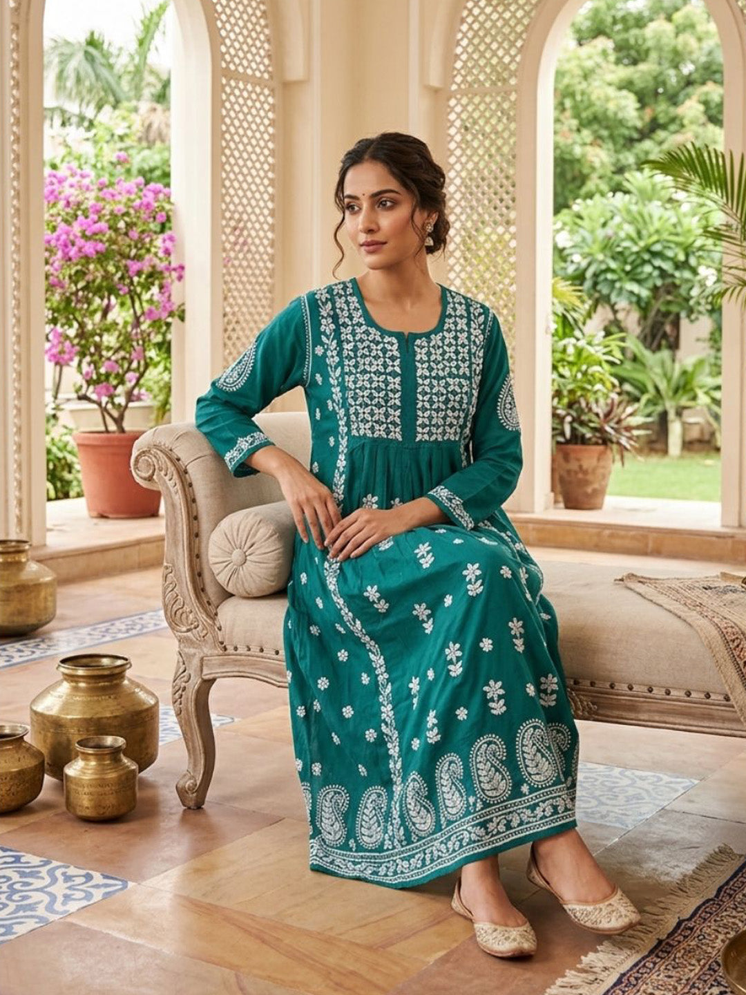 Women Hand Embroidered Chikankari Rayon Kurta-AL3549 Ramagreen