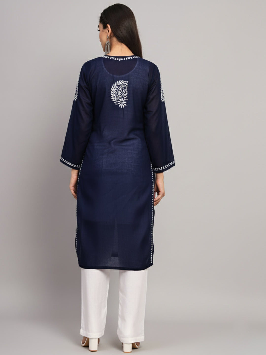 Hand Embroidered Chikankari Cotton Straight Kurta-AL3561 Navy