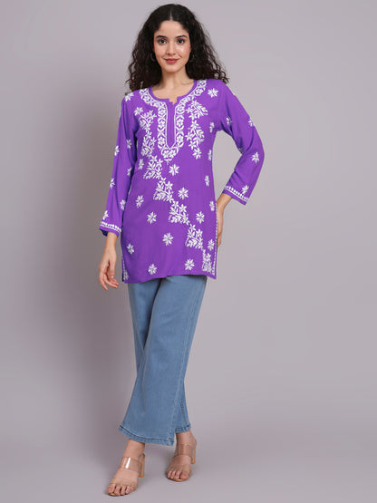 Women Hand Embroidered Chikankari Rayon Short Kurti-AL4071 Mauve