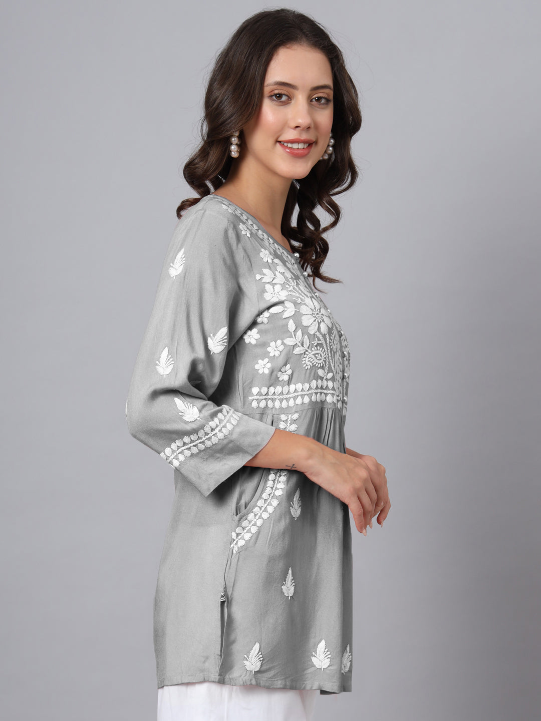 Women Hand Embroidered Chikankari Rayon Kurti with Pockets-AL3696 Grey