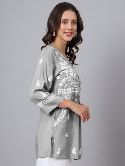Women Hand Embroidered Chikankari Rayon Kurti with Pockets-AL3696 Grey