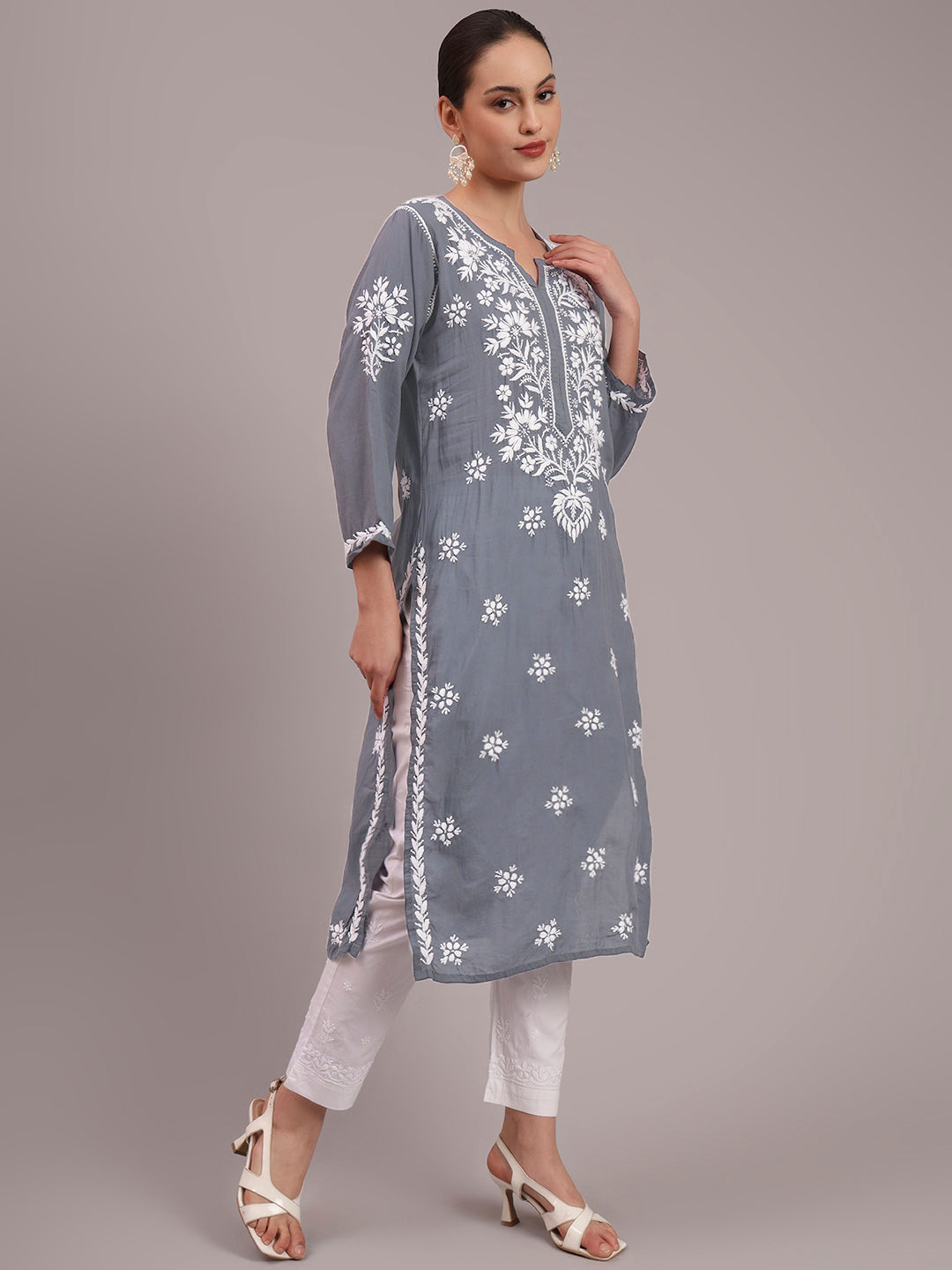 Women Hand Embroidered Modal Chikankari Kurta-AL4059 Grey