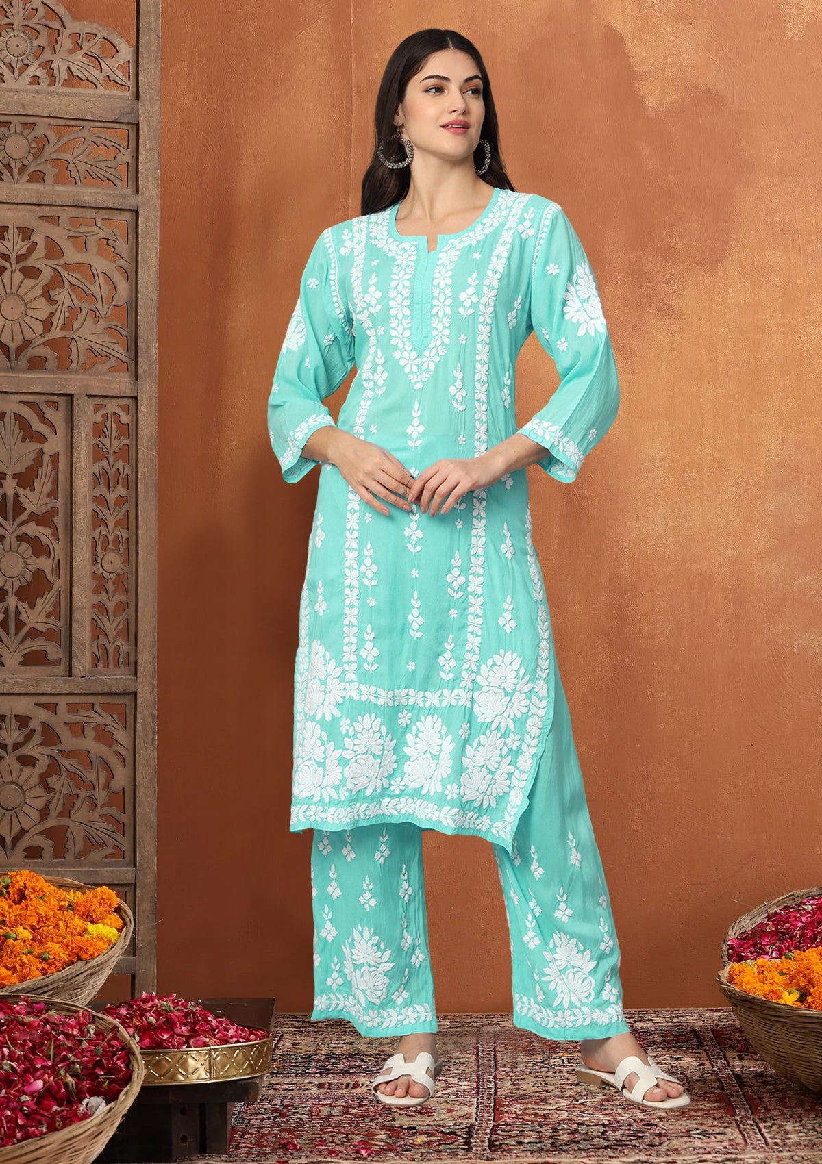 Women Hand Embroidered Chikankari Modal Kurta set-AL4049KS Seagreen
