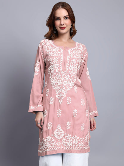 Women Hand Embroidered Chikankari Modal Kurti -AL3702 Rust