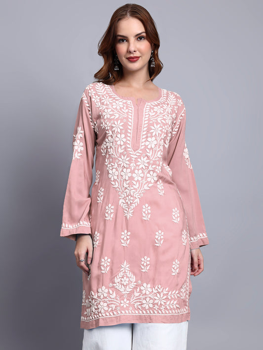 Women Hand Embroidered Chikankari Modal Kurti -AL3702 Rust