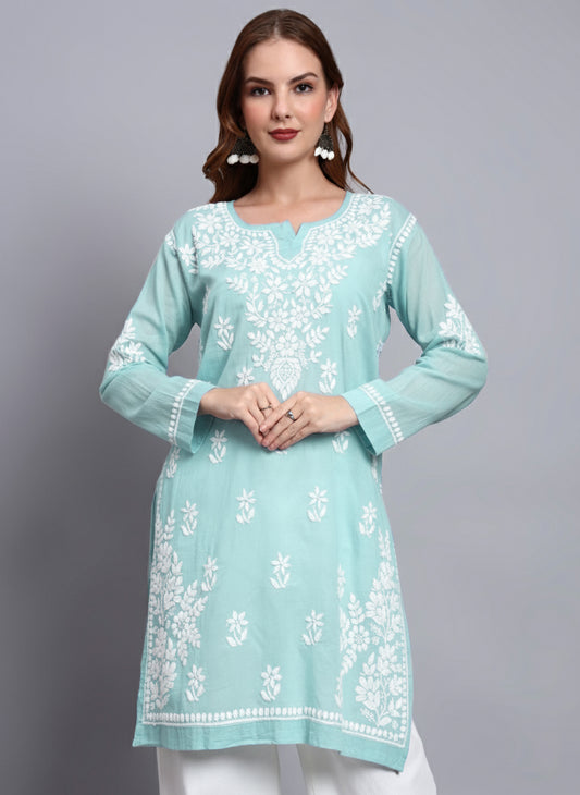 Women Hand Embroidered Chikankari Cotton Kurti -AL3685 Seagreen