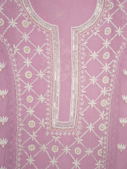 Women Hand Embroidered Premium Chikankari Mul Chanderi Unstitched Kurta Dupatta Bottom Set-ALSCA85201FS Lavender