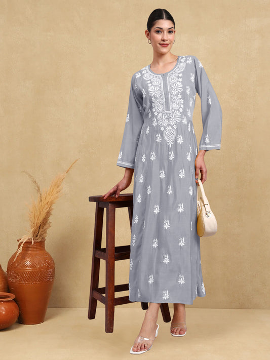 Hand Embroidered Chikankari Chanderi Jalabiya-AL4088 Grey