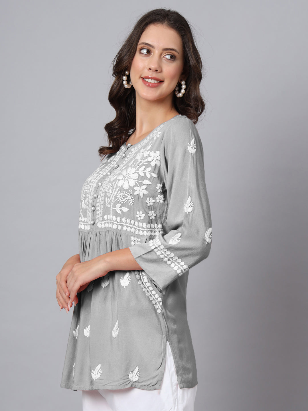 Women Hand Embroidered Chikankari Rayon Kurti with Pockets-AL3696 Grey