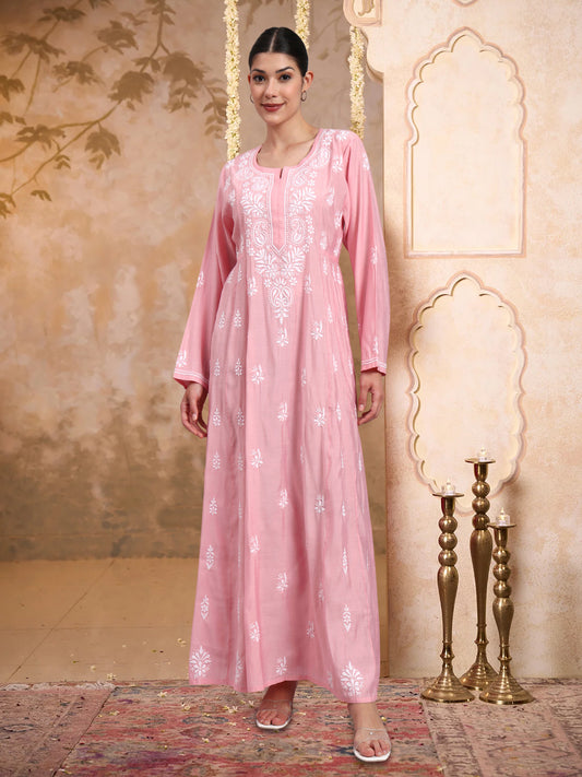 Hand Embroidered Chikankari Chanderi Jalabiya-AL4088 Pink