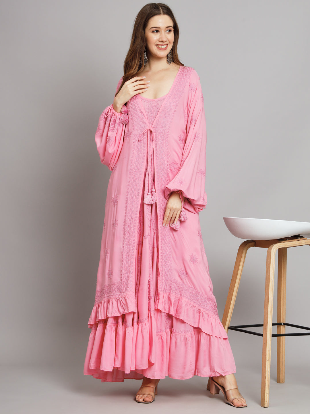 Hand Embroidered Chikankari Modal Kaftan-AL3605
