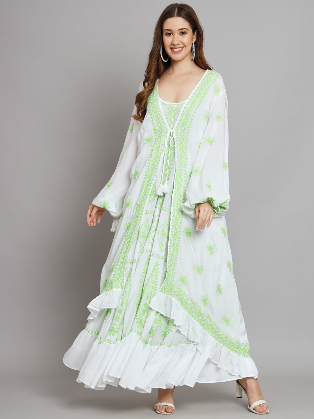 Hand Embroidered Chikankari Modal Kaftan-AL3605 White & Green