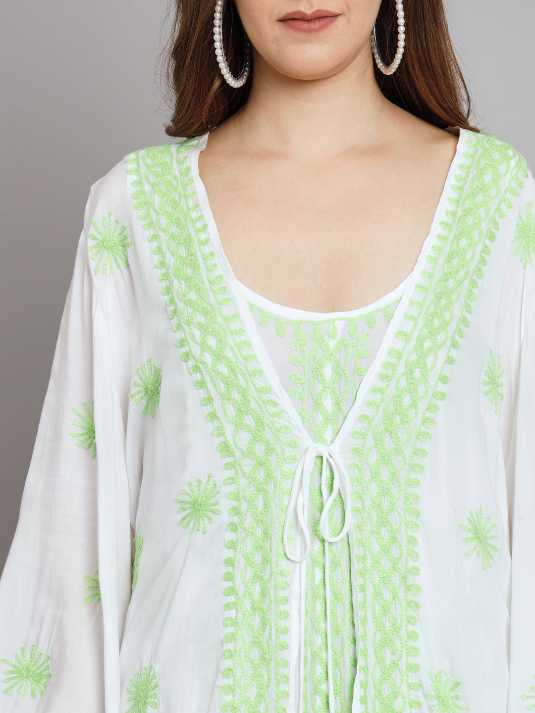 Hand Embroidered Chikankari Modal Kaftan-AL3605 White & Green