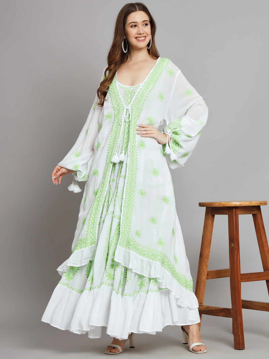 Hand Embroidered Chikankari Modal Kaftan-AL3605 White & Green