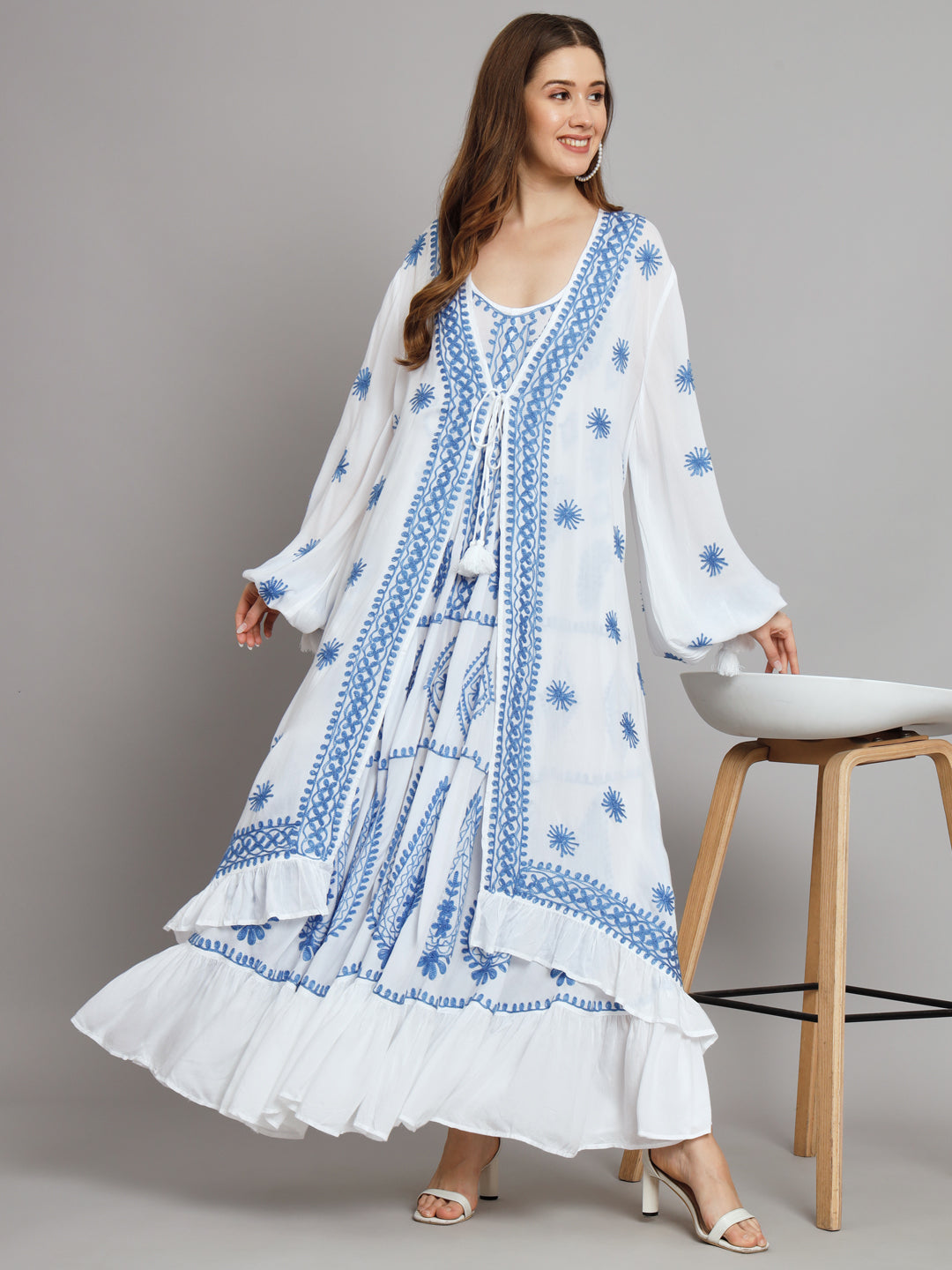 Hand Embroidered Chikankari Modal Kaftan-AL3605