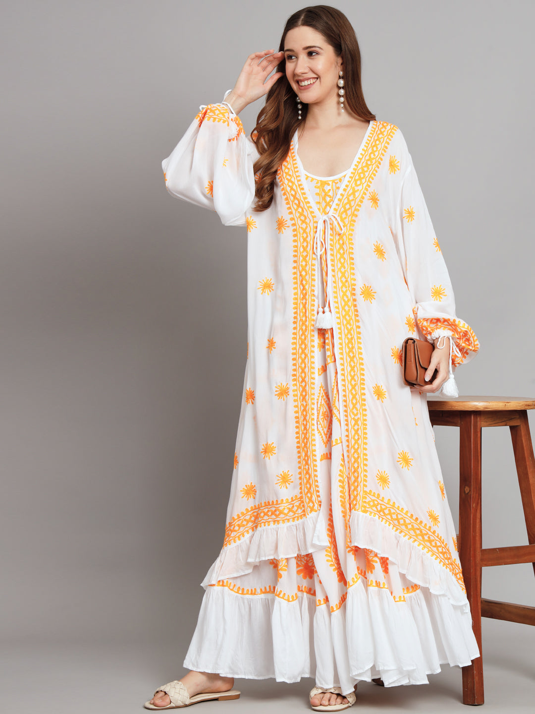 Hand Embroidered Chikankari Modal Kaftan-AL3605